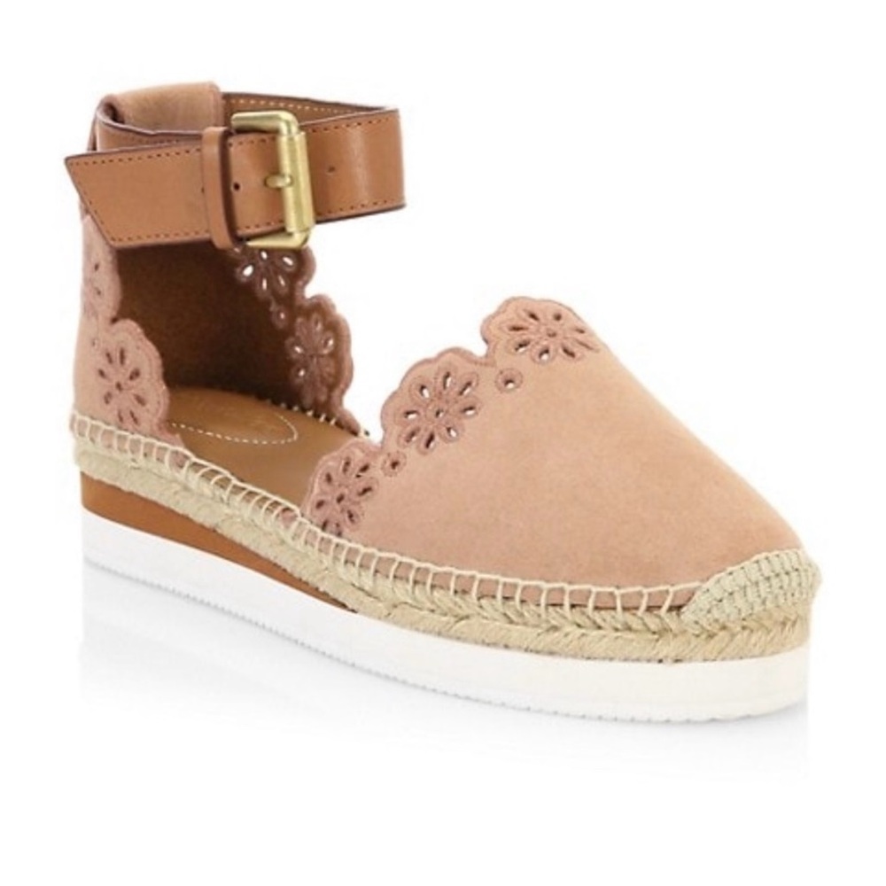 See by Chloe Floral Laser-Cut Suede Flatform Blush